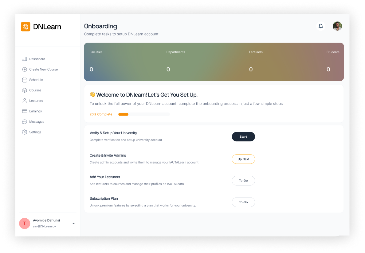 DNLearn onboarding dashboard
